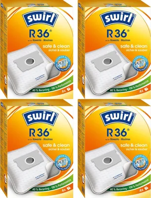Four packages of Swirl R36 vacuum cleaner bags are displayed.