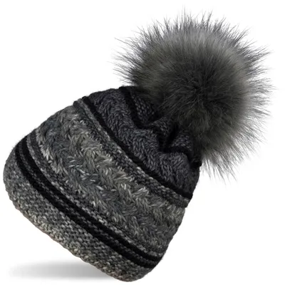 Produktbild von styleBREAKER Damen Strick Bommelmütze mit buntem Mustermix und Fleece Futter, Winter Fellbommel Mütze, Strickmütze 04024202