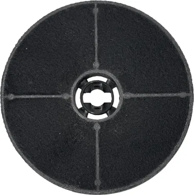 A black circular activated carbon filter for a range hood.