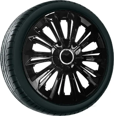 A black car wheel with a shiny black hubcap against a white background.