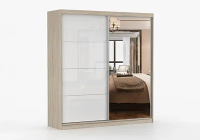 Produktbild von Schwebetürenschrank OLA 35 Sonoma-Eiche Weiß, Kleiderschrank mit Spiegel, 203 cm, 2 Türen, 3 Schubladen