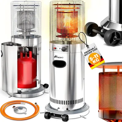 A collage of outdoor gas heaters, a gas bottle, and a hose with regulator.