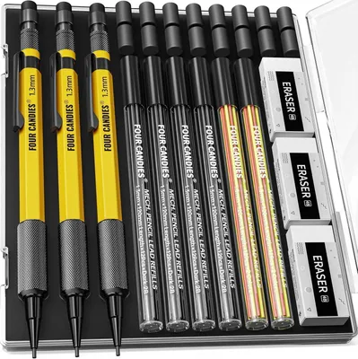 Zdjęcie produktu dla Zestaw metalowych ołówków mechanicznych 1,3 mm 3 sztuki z etui i 48 wkładami