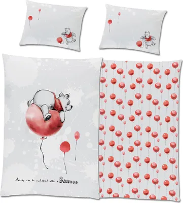 A collage of Winnie the Pooh themed bedding items, including pillowcases and a duvet cover, featuring illustrations of Winnie the Pooh with balloons.