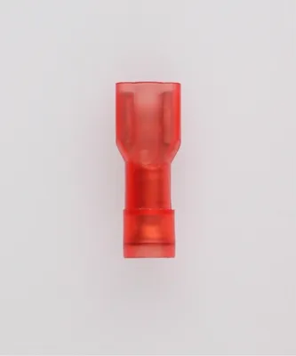 Produktbild von Flachsteckhülsen, Steckgröße 4,8 x 0,8mm vollisoliert, mit Isolationscrimp Querschnitt 0,5mm² - 1,5mm² rot, transparent