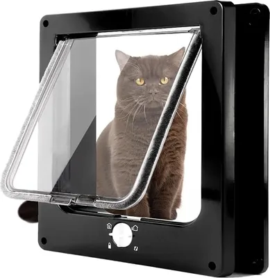 Image de Chatière avec verrouillage à 4 positions et aimants pour grands chats - Porte manuelle silencieuse facile à installer pour mur/bois/porte en PVC (Noir L)