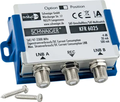 Produktbild von Schwaiger KFR6025531, 2 Eingänge, 1 Ausgänge, 950 - 2300 MHz, 4 dB, 75 Ohm, 75 Ohm