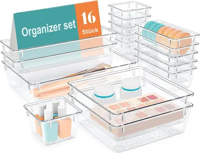 Produktbild von Make Up Organizer, 16 Stück Schubladen Organizer set mit 5 Größen, Schubladen Ordnungssystem, Aufbewahrungsbox, Küche Organizer, für Kosmetika, Büro