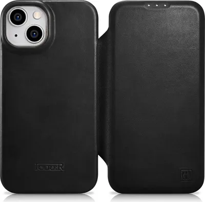 Zdjęcie produktu dla iCarer CE Oil Wax Premium Leather Folio Case skórzane etui iPhone 14 Plus z klapką magnetyczne MagSafe czarny (AKI14220707-BK)