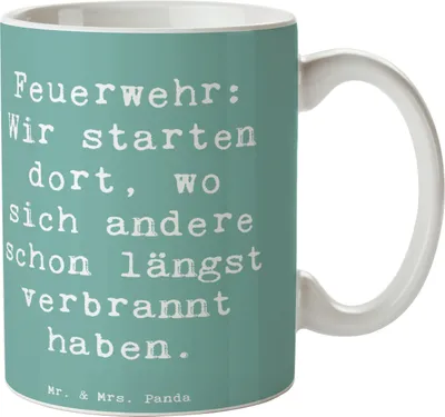 Produktbild von Mr. & Mrs. Panda Tasse mit Spruch Spruch Feuerwehrmann Helden - Meeresbrise - Geschenk, schöne, Becher, kaffeetasse bedruckt, Feuerwehr, Tapferkeit, Berufsgestaltung