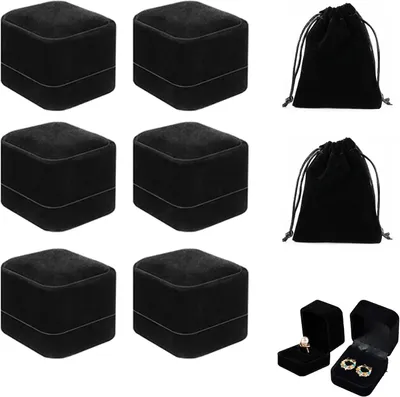 Immagine prodotto di Scatola per anelli in velluto, confezione da 6, colore nero, con 2 scomparti per la conservazione, ideale per anelli di fidanzamento