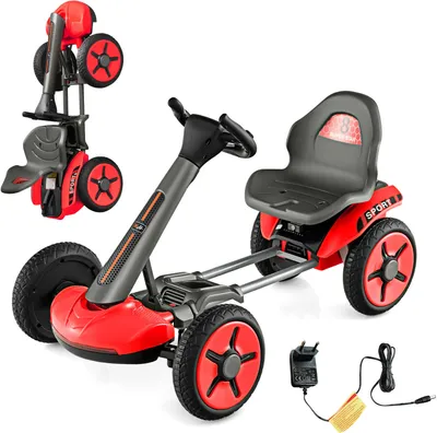 Produktbild von COSTWAY 12V Kinder Elektro Gokart mit LED Lichter, Go Kart mit 2-Fach verstellbarem Lenkrad & Sitz, inkl. Getränkehalter, EIN-Knopf-Start, für Kinder ab 2 Jahre alt (Rot)