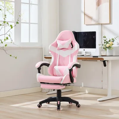 Image de Siège de jeu – Fauteuil de jeu – Chaise de gaming – Siège de jeu – Chaise de bureau – Design ergonomique – Hauteur et repose-pieds réglables – Rose et blanc