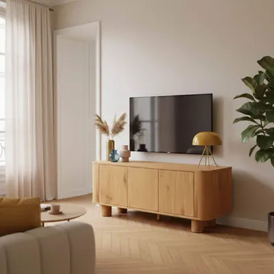 Immagine prodotto di Mobile TV scandinavo a 3 ante L120 cm in legno chiaro - Oviala Dario