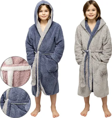 Produktbild von Bademantel Kinder Mädchen Jungen mit Wendefunktion und Kapuze 11-13 Jahre (146/152) Dunkelblau/Hellgrau Plüsch Sherpa