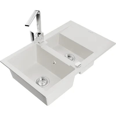 Obrázek produktu pro Mexen Gaspar 1,5-miskový granitový dřez s odkapávačem a kuchyňskou baterií Rita, Bílá - 6507-20-670300-00