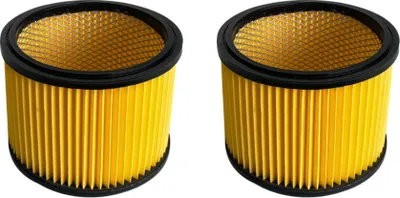 Two pleated cylindrical vacuum cleaner filters are shown side-by-side against a white background.