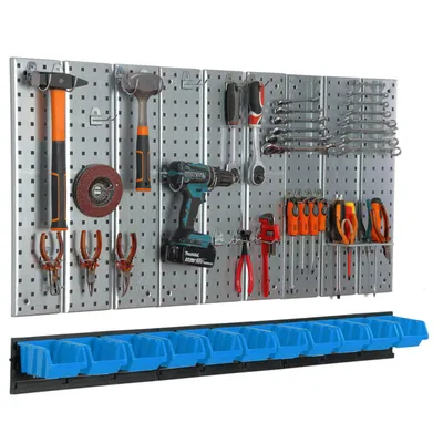 Produktbild von Werkzeugwand 117x72 cm Metall Lagersystem mit Werkzeughaltern Werkzeughaken 11 Stapelboxen blau Lochbrett Werkstatt Garage Steckbrett Elektrowerkzeuge Lochwand