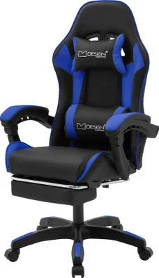 Obrázok produktu pre ML-Design herná stolička s podnožkou, čierno-modrá Imitácia kože, ergonomická kancelárska stolička s podrúčkou, bedrovým vankúšom, nastaviteľná otočná stolička