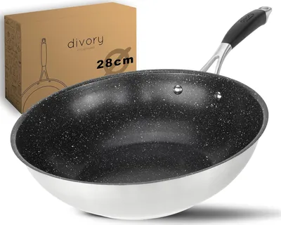 Obrázek produktu pro Nerezová woková pánev DIVORY 28 cm ULTIME I s nepřilnavým povrchem, vhodná pro indukci i všechny typy sporáků I I Velká pánev pro indukční varné desky a plynové hořáky