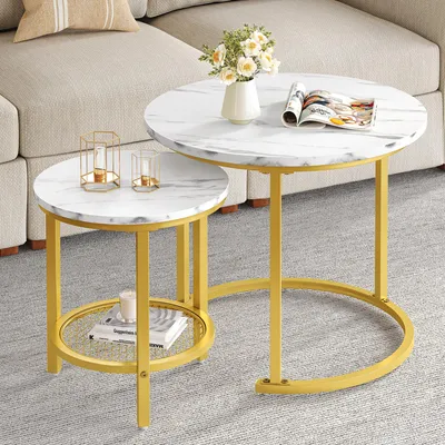 Produktbild von Balconera 2er Set Couchtisch Rund Beistelltisch Sofatisch mit Marmormuster, Ø60cm + 38cm, Weiß