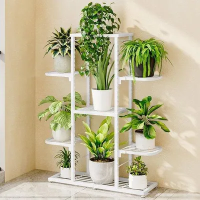 Image de Support à fleurs métallique à 5 étages pour l'intérieur et l'extérieur - Support à fleurs à plusieurs niveaux pour la décoration du jardin et du balcon, couleur blanche