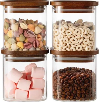 Produktbild von Gläserne Vorratsbehälter-Set (800 ml) mit Holzdeckel - Luftdichte Borosilicat-Gläser - Stapelbare Vorratsgläser - Viereckige Opbewaarbehälter für Spaghetti & Müsli