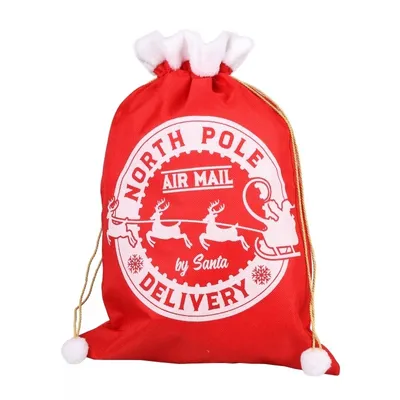A red Santa sack with a white drawstring and pom-poms, featuring a North Pole Air Mail Delivery design.