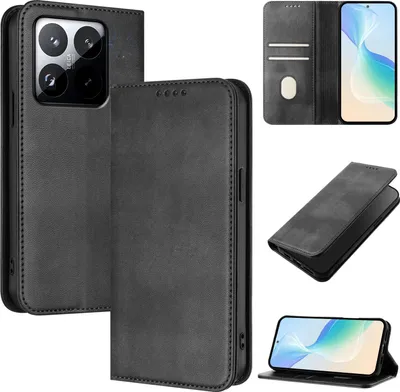Image de Housse de téléphone portable pour Xiaomi 15T, Vintage Cuir RFID Protection Porte-carte Stand Fonction Housse à rabat magnétique Noir