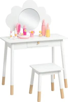 Image de AIYAPLAY Ensemble coiffeuse pour enfant avec tabouret, coiffeuse 2 pièces pour enfants de 3 à 6 ans, miroir forme de nuage -  blanc