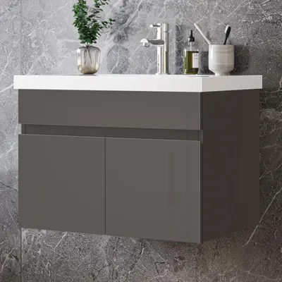 Produktbild von 60cm Dick Keramik Waschtisch mit Unterschrank Badmöbel Set mit Türs Soft-close - Hochglanz Anthrazit