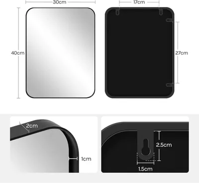 Image de Miroir mural rectangulaire - Miroir décoratif - Cadre en métal - 40 x 30 cm - Noir - Pour salle de bain, chambre à coucher et salon