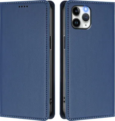 Image de Étui en cuir pour iPhone 11 Pro, étui à rabat magnétique en cuirPolyuréthaneavec support, bleu foncé