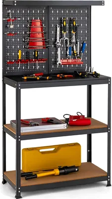 Produktbild von GOPLUS Werkstattregal, Werkbank mit Regal, Stecktafel Schüttenregal, Tischplatte & 2  Regalen, 13 hängenden Zubehörteile, Werkzeughalter für Zuhause Garage