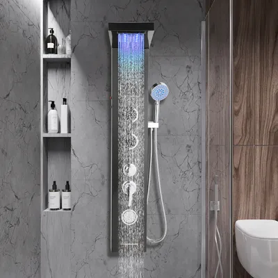 Produktbild von Jayseuw Duschpaneel für Badezimmer Hydromassagen Duschsystem Regendusche Multifunktionales Duschpaneel 5 große Massagedüsen Duschsäule, Schwarz