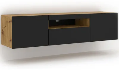 Image de Meuble TV bas Aura 150 cm Suspendu ou posé au sol Meuble bas universel Meuble TV Meuble TV Sideboard Table hi-fi Meuble suspendu Chêne Artisan et noir mat sans LED