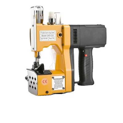 A yellow and black portable electric bag sewing machine is shown against a white background.