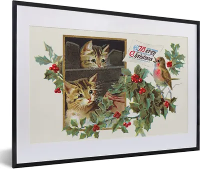Produktbild von MuchoWow® Gerahmtes Poster Weihnachten - Katzen - Vogel 60x40 cm - Poster mit Schwarzem Bilderrahmen Wandposter Rahmen Foto Bilder - Schlafzimmer - Plakat in Rahmen - Drucken