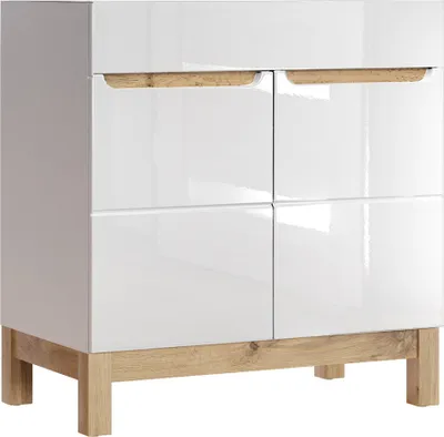 Produktbild von Waschtischunterschrank 80 cm SOLNA-56 Hochglanz weiß mit Wotaneiche, B x H x T ca. 80 x 85 x 46cm