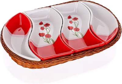 Produktbild von Banquet Poppy Set Schalen in einem Weidenkorb, Keramik, rot, 18,5 x 30,5 x 5 cm