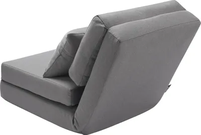 A gray floor sofa is shown from a side-back angle against a white background.