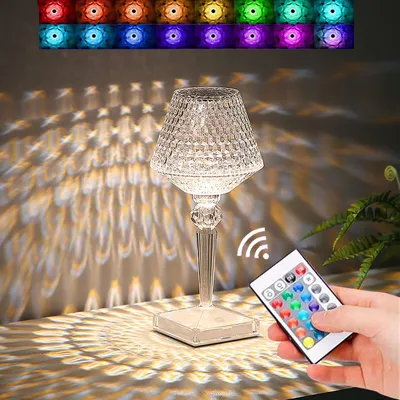 Produktbild von (Weinglas) Crystal Diamond Tischlampe, 16 Farben USB-Lade-Touch-Lampe Nachttischlampe mit Fernbedienung, LED-Schreibtischleuchten mit Acrylstrahlen