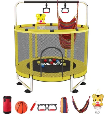 Image de Trampoline pour enfants avec panier de basket, réglable, capacité de 200 kg, pour une utilisation intérieure et extérieure, de couleur jaune clair