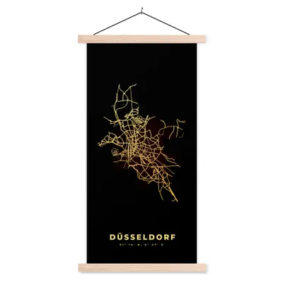 Produktbild von MuchoWow® Textilposter Düsseldorf - Stadtplan - Schwarz und Gold - Karte 60x120 cm mit holzfarbenen Rahmen - Holz