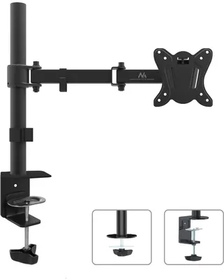 A black monitor arm mounted to a desk clamp, with a VESA mount plate at the end.