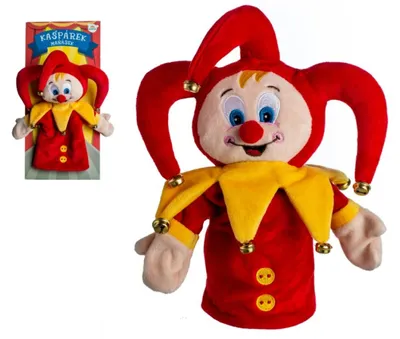 Produktbild von Kasper, Handpuppe aus Plüsch, 28 cm, mit Glöckchen, auf einer Karte