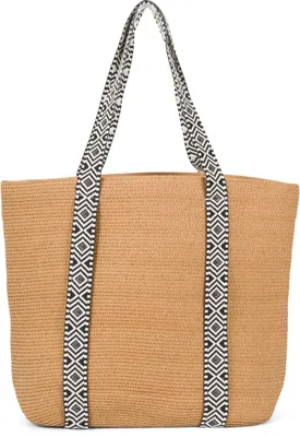 Produktbild von styleBREAKER Papierstroh Strandtasche mit Azteken Muster Bändern | Damen Flechttasche mit Reißverschluss | 50 x 37 x 13 cm