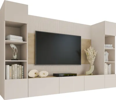 Produktbild von MIRJAN24 Wohnwand Deromi I, Wohnzimmer Möbel Set, Griffloses Öffnungssystem push to open, 4er-Set (Farbe: Sandbeige / Sandbeige + Eiche Cremona)