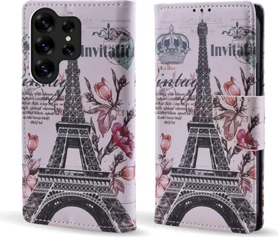 Produktbild von Handy Hülle für Samsung Galaxy S25 Ultra Klapphülle Bookcase Flip Cover Handy Tasche Etui Motiv: Eiffelturm Paris Blumen