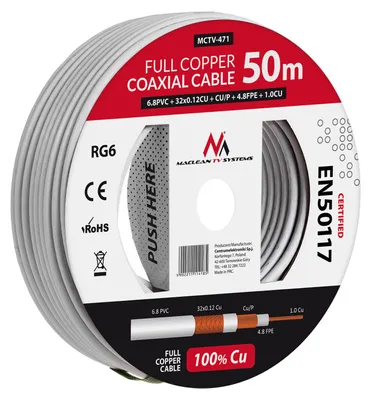 Immagine prodotto di Cavo antenna Cavo coassiale RG6 Rame puro 100% Cu Cavo antenna coassiale SAT Cavo satellitare TV (50m)